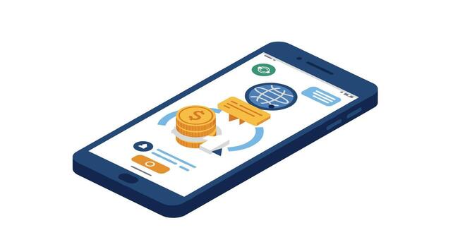 Mobile banking services with financial management interface in isometric design vector