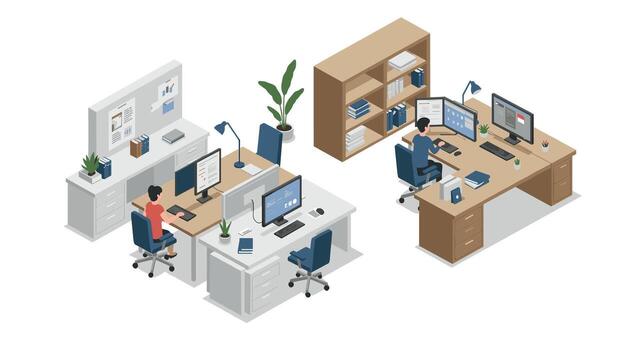 Modern isometric office workspace with desk, computers, and colleagues in a collaborative environment vector