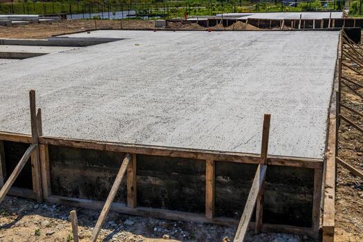 Concrete slab is set at a construction site, with wooden forms in place and a clear sky overhead indicating progress in building development photo