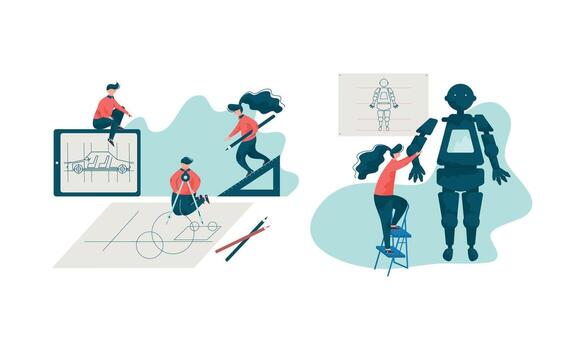 proyecto equipo Ingenieria automóvil creando sequía y montaje robot conjunto vector