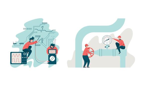 Project Team Engineering Hardware Adjusting Gauge on Pipe and Electric Circuit Set vector
