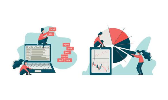 Project Team Engineering Interface Writing Code and Displaying Graph Set vector
