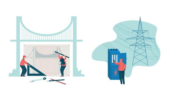 Project Team Engineering Bridge Creating Draft and Checking Electric Circuit in Transformer Vault Set vector