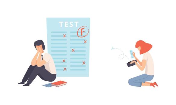 Teenager Puberty Problems with Girl Having Empty Wallet and Boy Getting Bad Mark Set vector