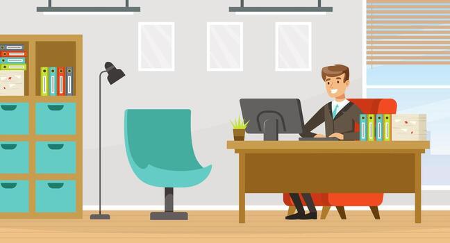 Man Office Worker Sitting at Table at Workspace Working Illustration vector