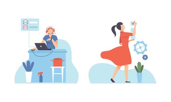 Young Woman at Laptop Networking and with Check Box Set vector