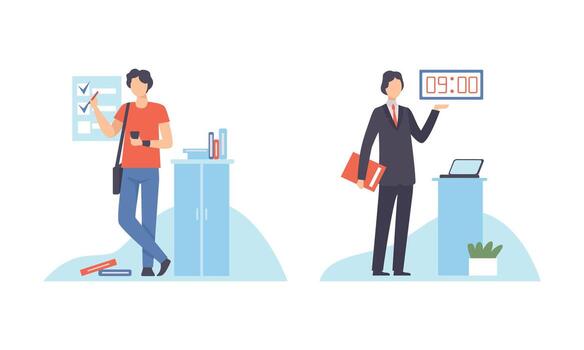 Young Man Marking List of Task with Tick and with Time Display Set vector