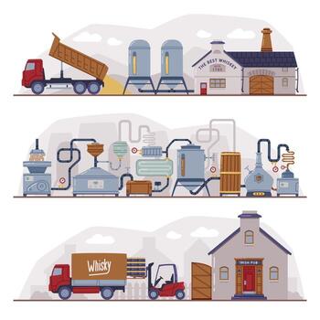 Whiskey Production Process with Distillation, Storage and Aging Steps Set vector