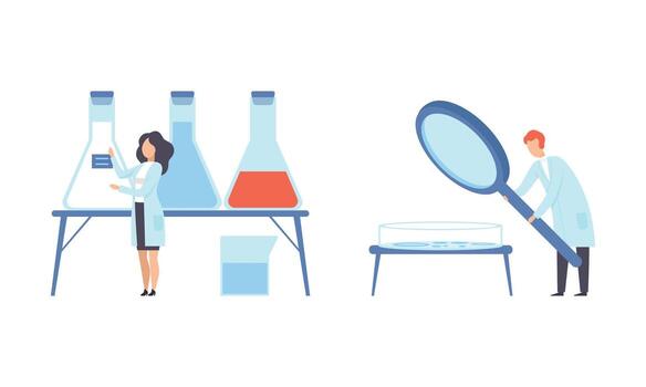 Man and Woman Research Scientist in Laboratory Coat Conducting Experiment with Chemical in Flask and Magnifying Glass Set vector