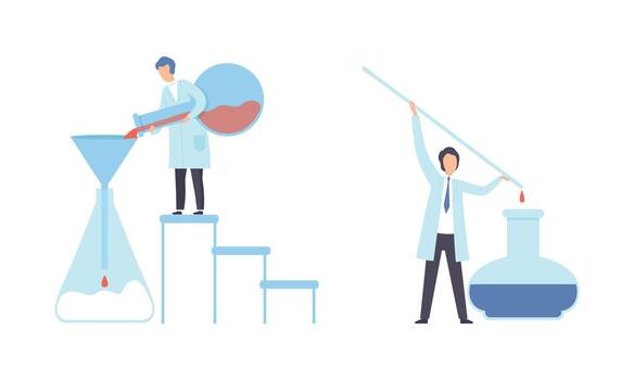 Man Research Scientist in Laboratory Coat Conducting Experiment with Chemical in Flask Set vector