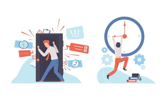 Man Leaning Door and Hanging on Hand of Clock Failing Handling Deadline and Timeline Set vector