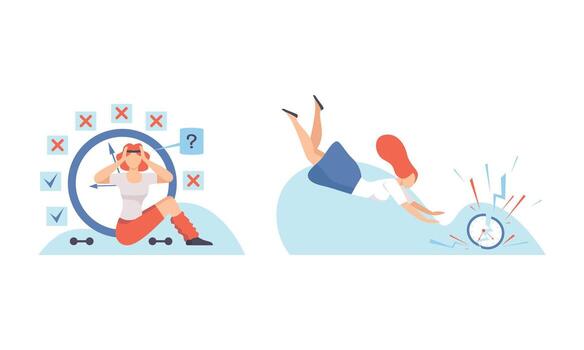 Woman with Breaking Clock Dial Failing Handling Deadline and Timeline Set vector