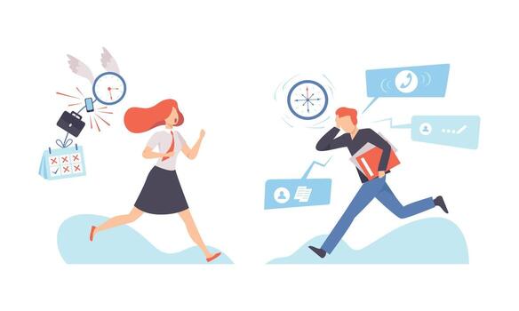 Man in Hurry and Woman Escaping from Clock Dial Failing Handling Deadline and Timeline Set vector