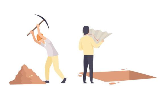 Man Archaeologist with Map and Pickaxe Searching for Material Remains Set vector