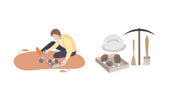 Man Archaeologist with Tool Searching for Material Remains Set vector