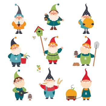 Cute Gnome Character with Beard in Pointy Hat as Small Mythological Creature Set vector