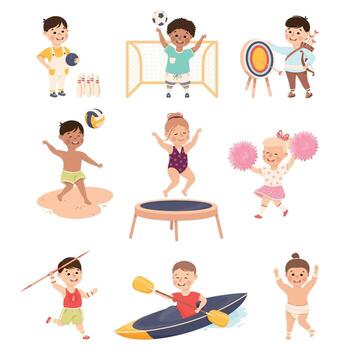 Kid Practicing Different Sport and Physical Activity Like Kayaking and Javelin Throwing Set vector