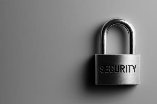 Metallic padlock with the word security engraved on a smooth gray background photo