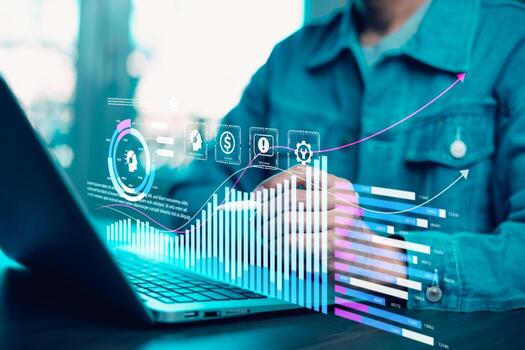 Working Data Analytics and Data Management Systems and Metrics connected to corporate strategy database for Finance, Intelligence, Business Analytic with Key Performance Indicators, social network photo