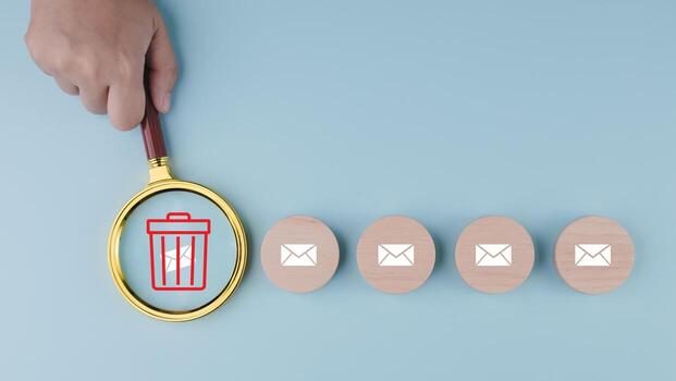 Email concept with laptop spam and virus computer monitor internet security concept, Businessman touch bin mail.Spam, junk and e-marketing on screen, Spam Email Pop-up Warning. photo