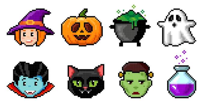 Pixel art Halloween icons. Pixelated illustration of Count Dracula, witch, ghost, pumpkin, cat, potion. Retro 8 bit pixel art for game vector