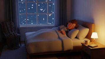 acogedor niño dormido en calentar dormitorio con cabecera lámpara y nieve que cae fuera de ventana video
