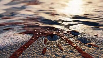 rot Farbe Spritzer auf nass sandig Strand mit eingehend schaumig Meer beim Sonnenuntergang video