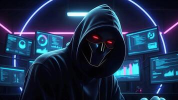 néon cyberpunk hacker dentro encapuzado mascarar às multi monitor cíber segurança posto de trabalho video