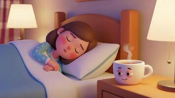 3d acogedor cabecera escena de dormido niña con sonriente humeante café jarra y calentar lámpara ligero video