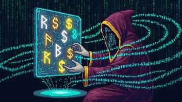 encapuzado hacker manipulando holográfico criptomoeda painel de controle com transmissão código video