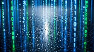 gloeiend verticaal binair code regen met blauw groen gegevens stroom reflecties voor cyberveiligheid video