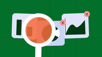 animazione di ingrandimento bicchiere analizzando dati, bar grafico, torta grafico video