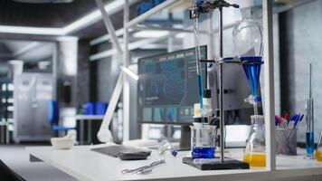 Laboratory tools and blood samples in empty diagnostics lab, scientific environment supports microbiology and biotechnology research. Precision, preparation and advanced clinical testing. video