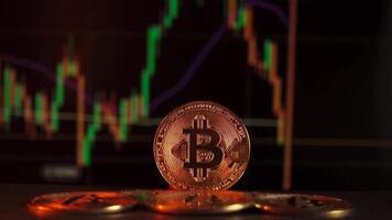 schließen oben von ein glänzend Gold Bitcoin btc Kryptowährung Münze auf verschwommen Hintergrund mit ziehen um rot und Grün Kerzenhalter auf Digital Krypto Diagramm. finanziell Investition Handel Konzept video