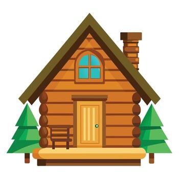 Log cabin with tree and bench vector