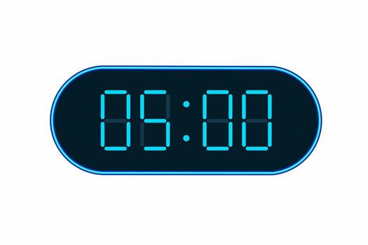 flat illustration of a digital clock displaying 05.00 . Illustration of alarm with digital number design. Clock icon for hour, watch, alarm signs vector