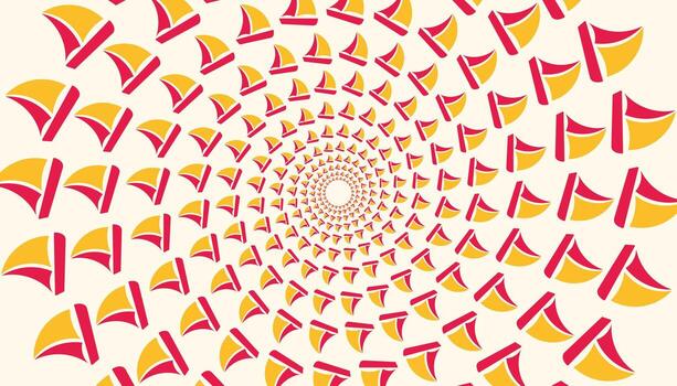 Abstract optical art with red and yellow boat-like shapes swirling in a hypnotic, dynamic pattern vector