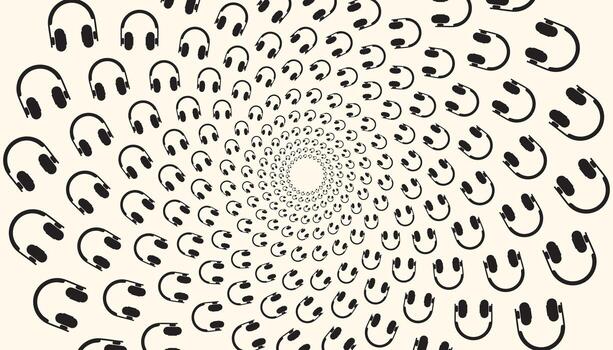 Monochromatic abstract headphones in a hypnotic spiral, creating depth and movement in a clean black-and-white design. vector