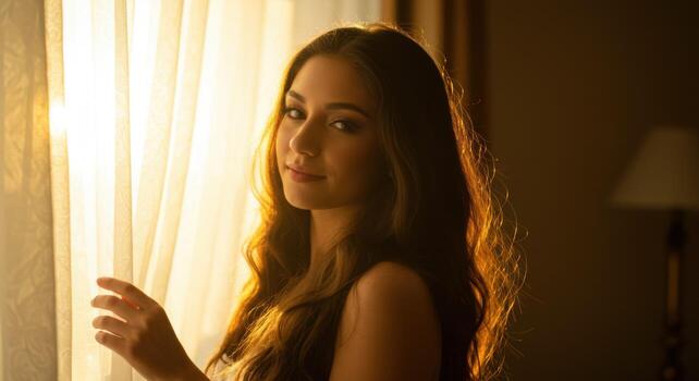 A woman is standing in front of a window with the sun shining photo