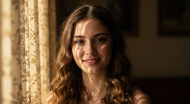 A young woman is smiling while looking out the window photo