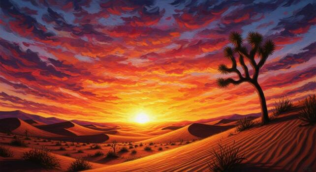 A painting of a desert scene with a joshua tree photo