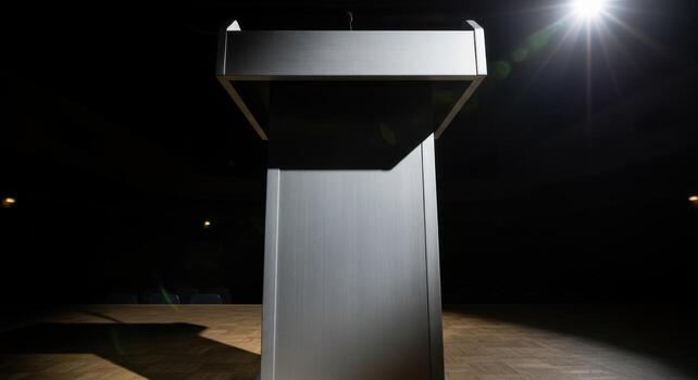 A podium is lit up in the dark photo