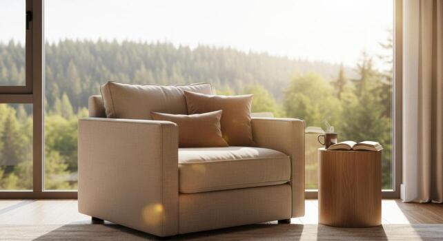 A chair and table in front of a window with a view of the mountains photo