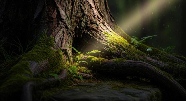 A tree with roots and moss on the ground photo