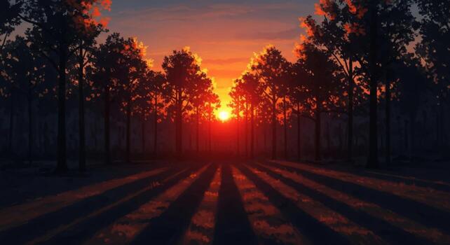 Sunset in the forest with trees and shadows photo