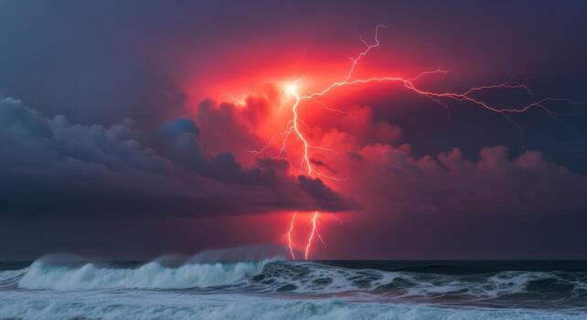 A lightning bolt strikes through the clouds over the ocean photo