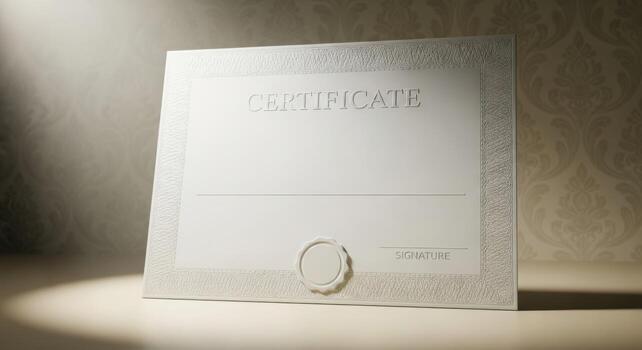A certificate is sitting on a table with a light shining on it photo