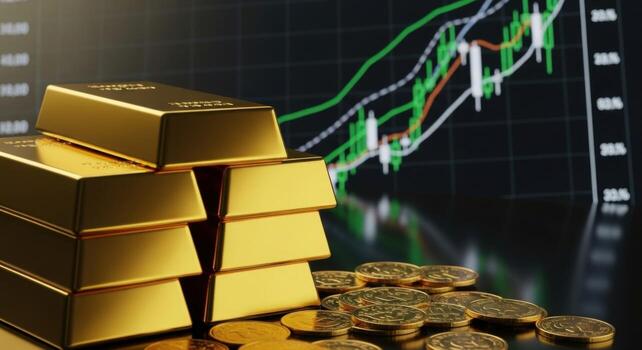 Gold bars and coins on a table with a stock chart photo
