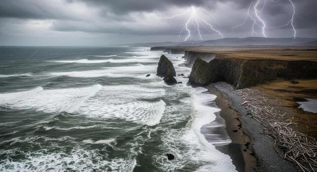 Lightning strikes over the ocean and cliffs photo