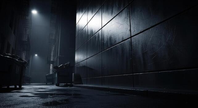 A dark alley with a light shining on it photo